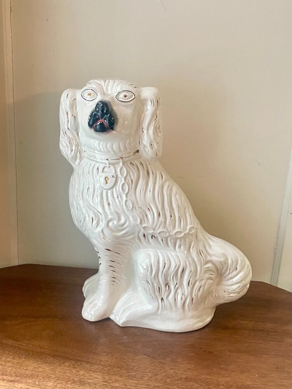 Antique Enormous Staffordshire White Spaniel Mantel Dog 15" England
